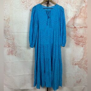 Blue Eyelet Maxi Dress with Tie Neck